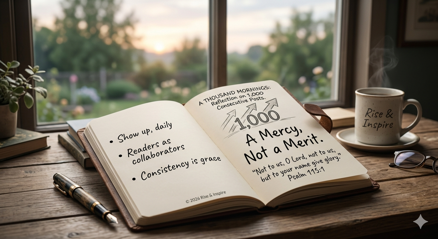 A desk scene with an open journal reading "1,000 A Mercy, Not a Merit."