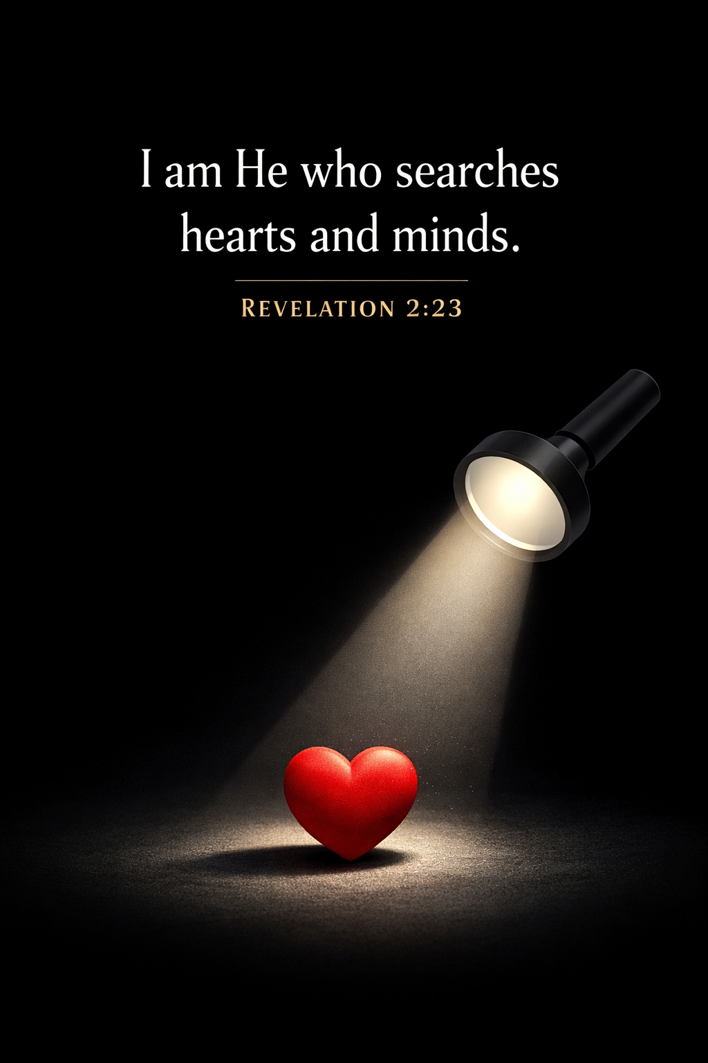 Minimalist Christian artwork showing light illuminating a heart under the Revelation 2:23 quote.