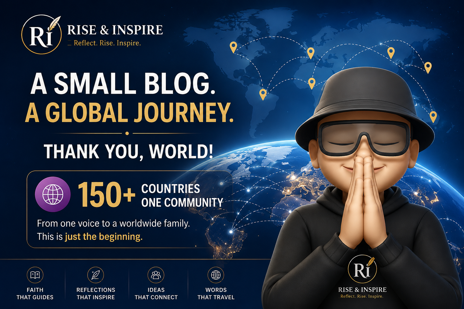 Global milestone artwork showing Rise & Inspire reaching readers in 150+ countries worldwide.