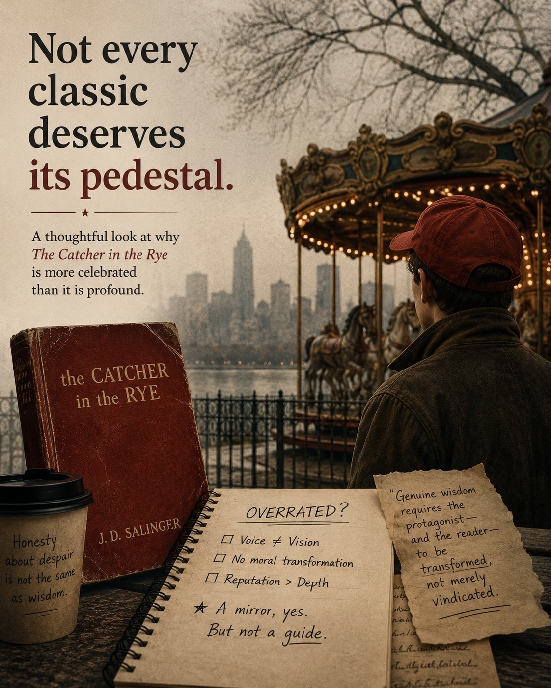 A reflective young man near a carousel beside The Catcher in the Rye and notes critiquing its legacy