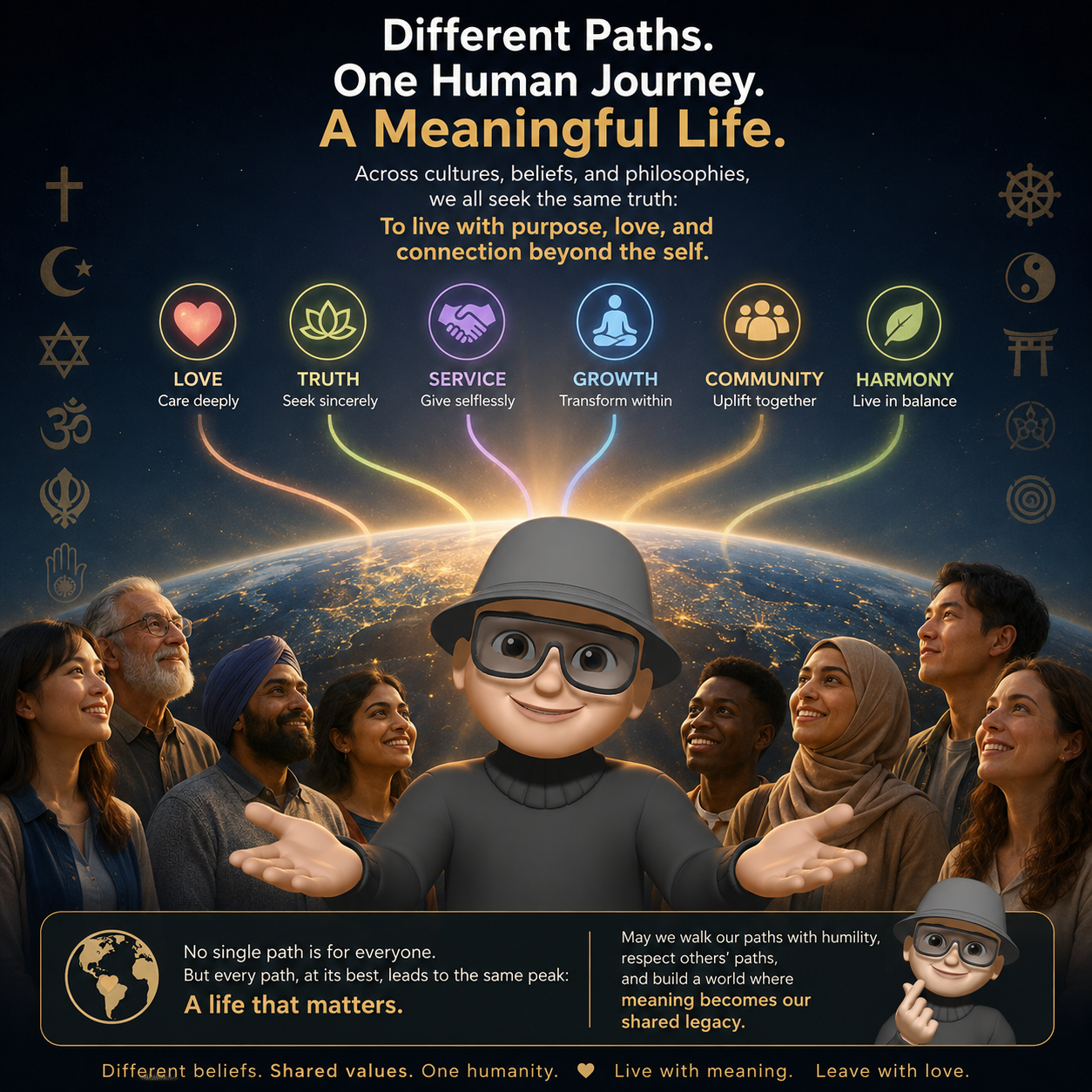 Illustration showing diverse people, spiritual symbols, and shared human values around the Earth