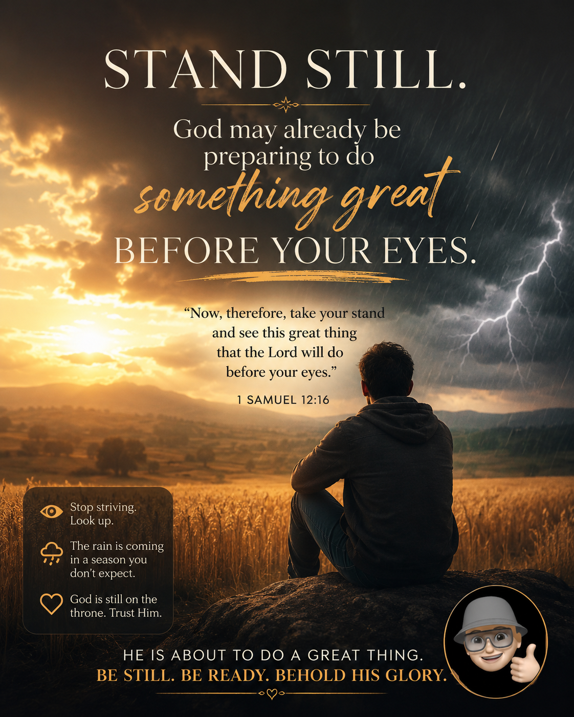 Inspirational image of a man watching storm clouds and sunlight with a message about trusting God.