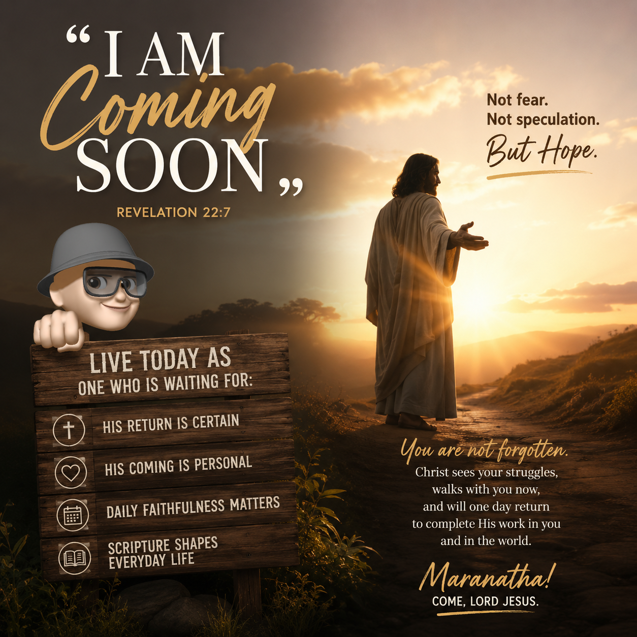 Inspirational Christian artwork of Jesus at sunrise with message of hope and spiritual readiness