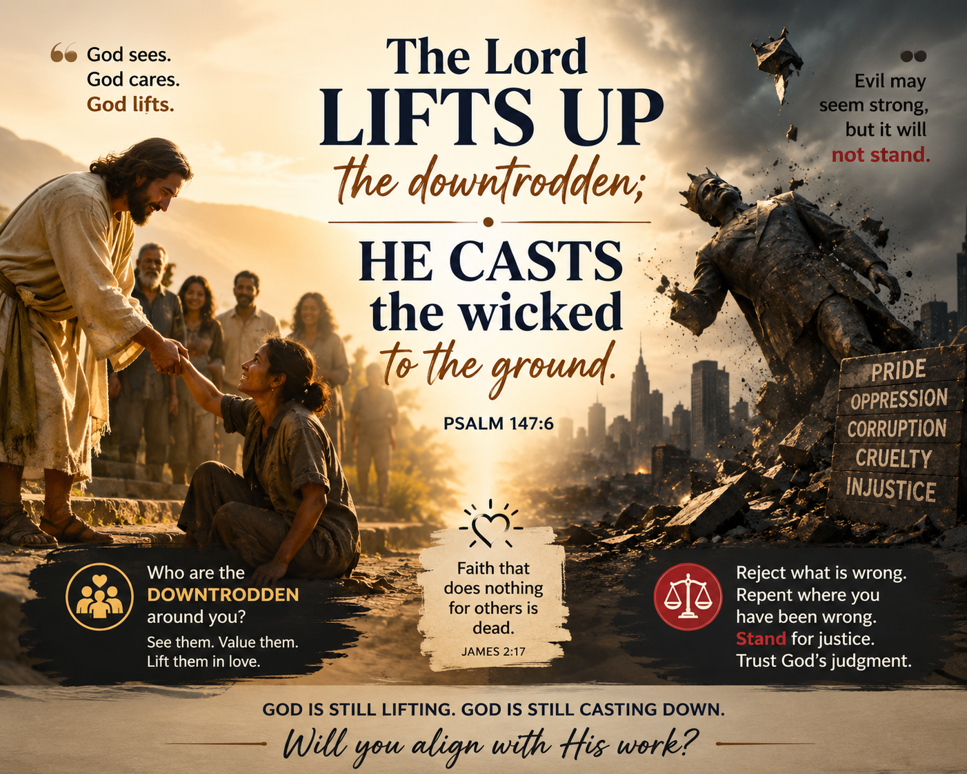 Inspirational Psalm 147:6 artwork showing compassion for the poor and judgment on wickedness.