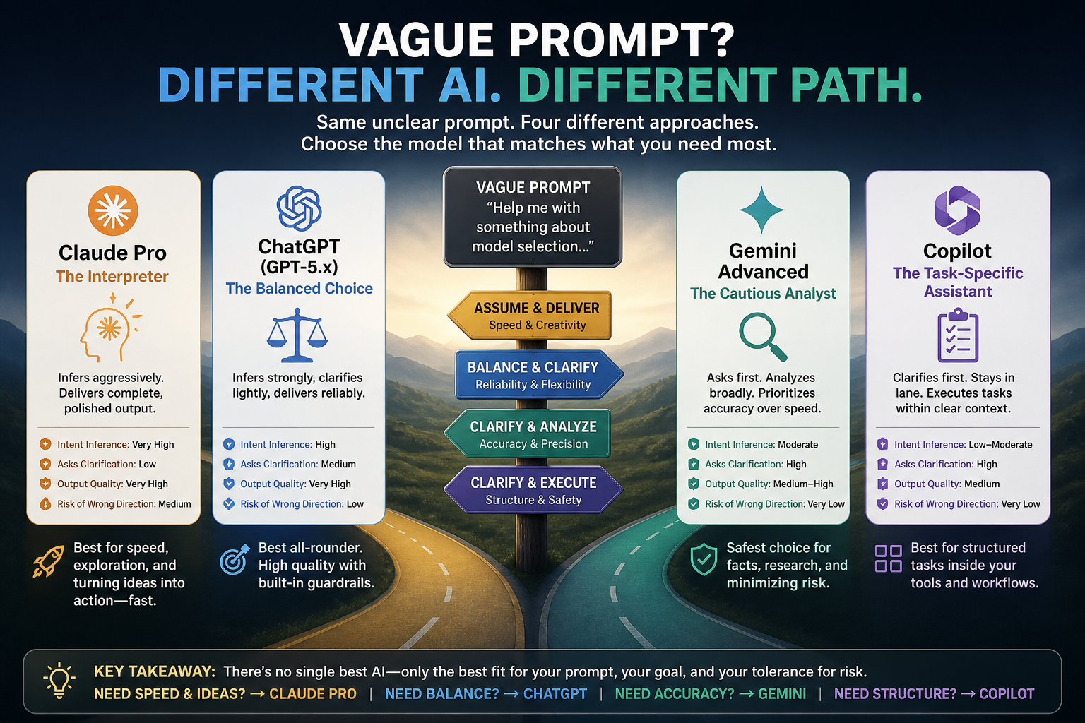 Infographic comparing AI models for vague prompts showing paths for speed, balance, accuracy, and structure.
