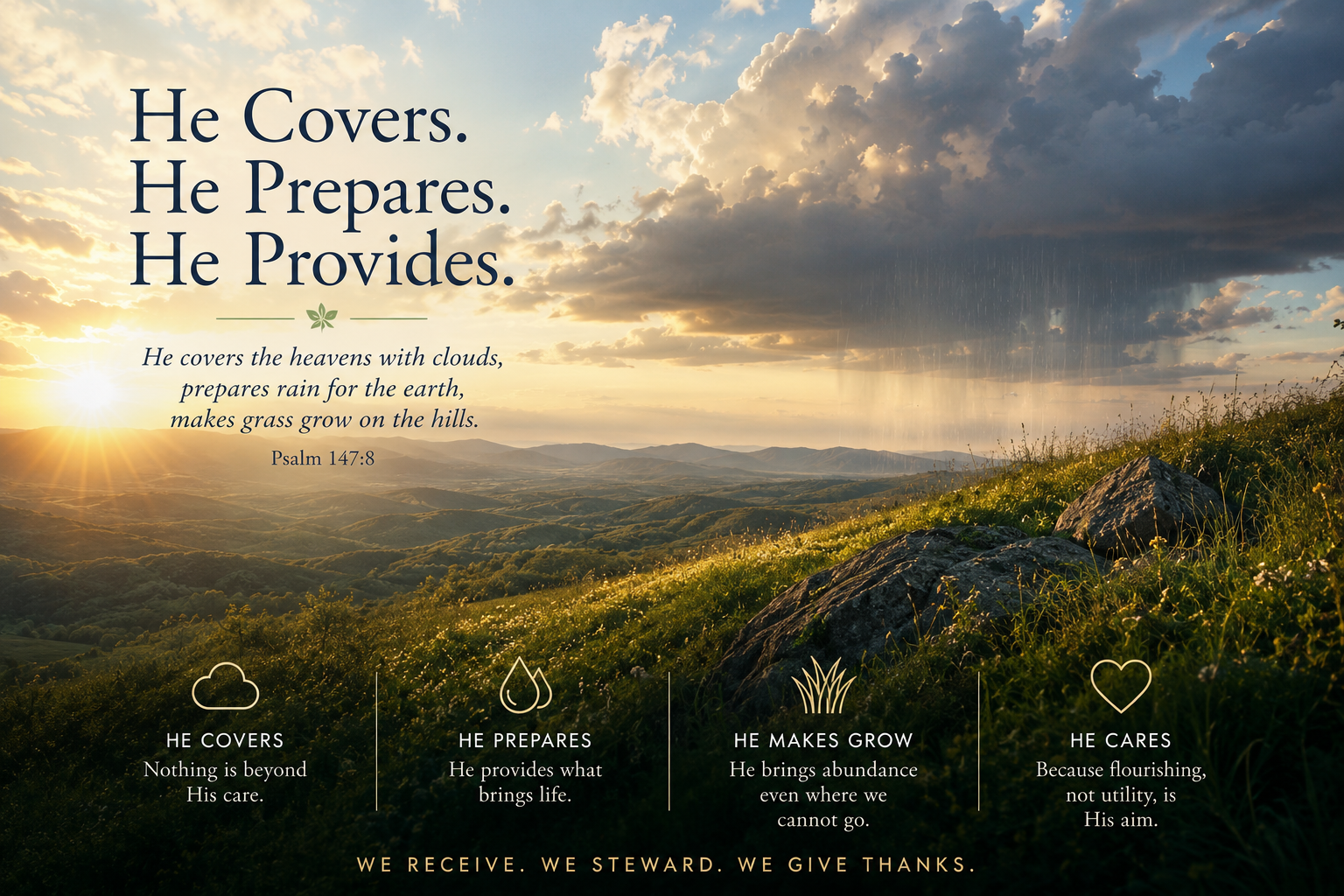 Sunlight, clouds, and rain over green hills with Psalm 147:8 about God’s sustaining care.