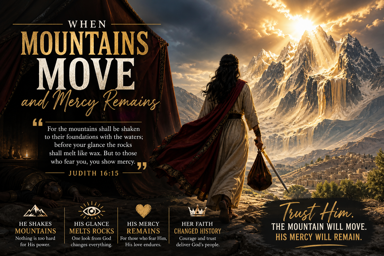 Judith walking from the tent with a sword as the mountains melt under divine light symbolising faith and mercy