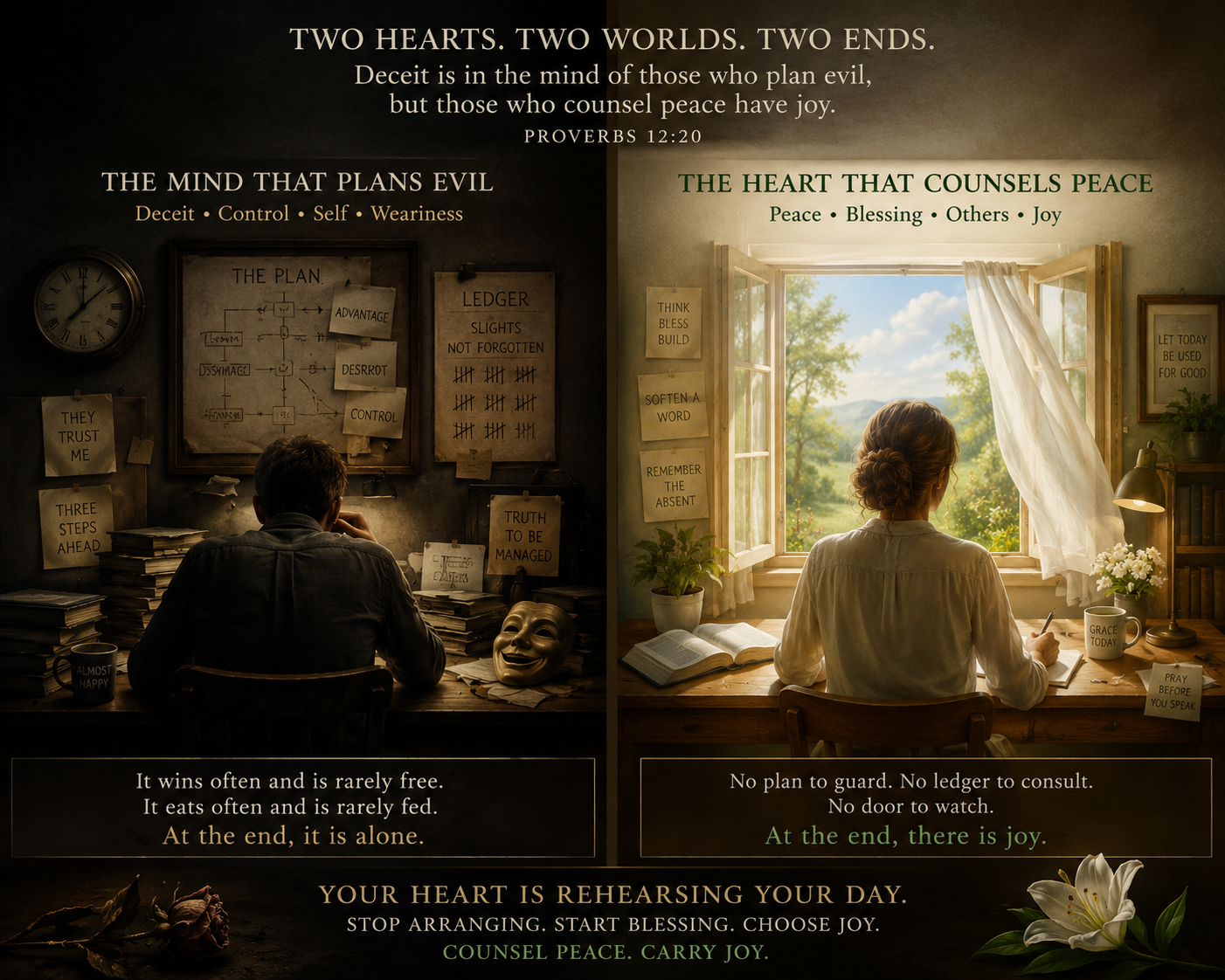 Split-panel image showing a schemer in darkness and a peacemaker in light inspired by Proverbs 12:20.