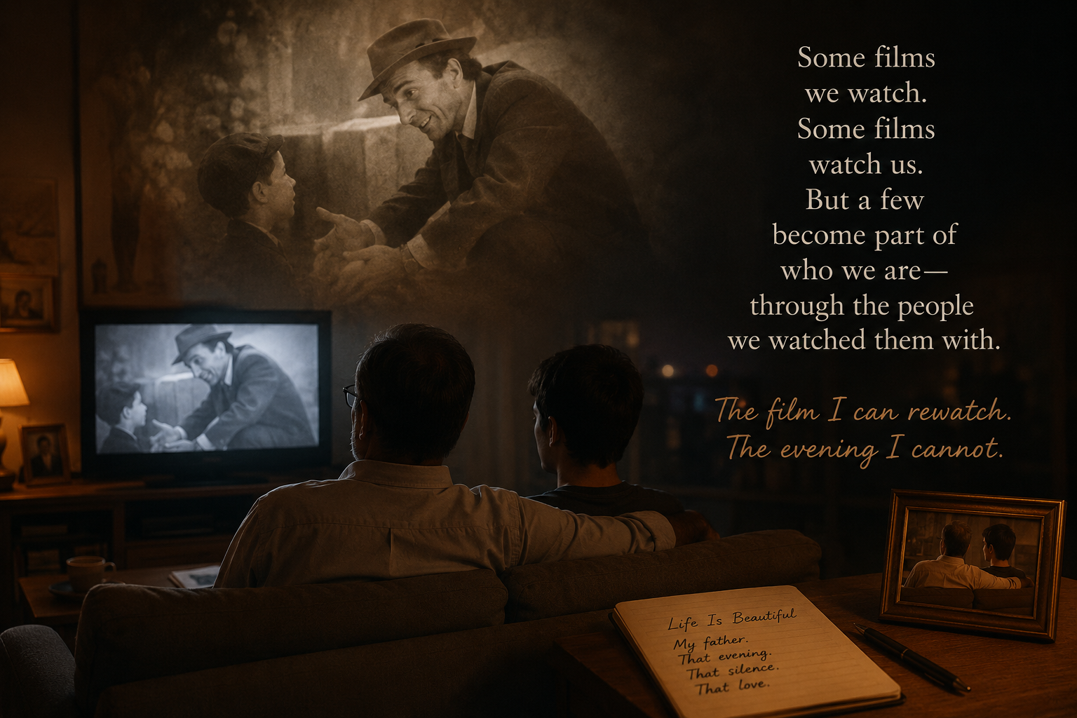 Father and son watch a classic film together in a dimly lit room filled with nostalgia and reflection