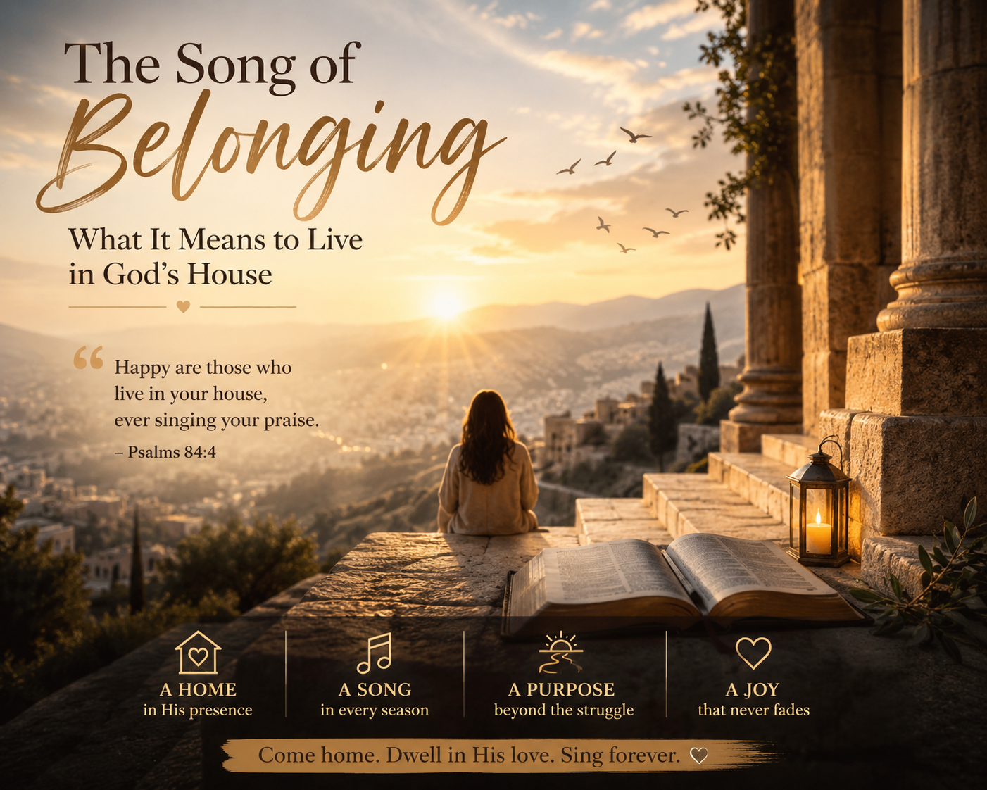 A believer sits near a temple at sunrise reflecting on Psalm 84:4 and life in God’s presence.