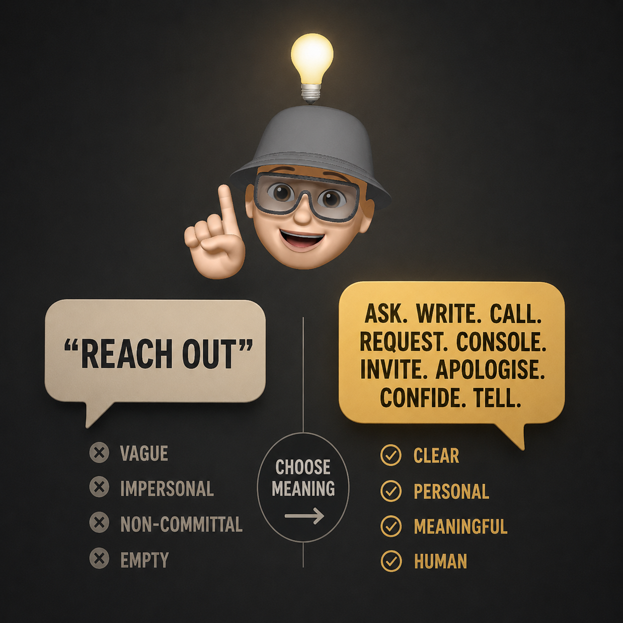 Illustration contrasting vague corporate phrase “reach out” with clear, meaningful human verbs.