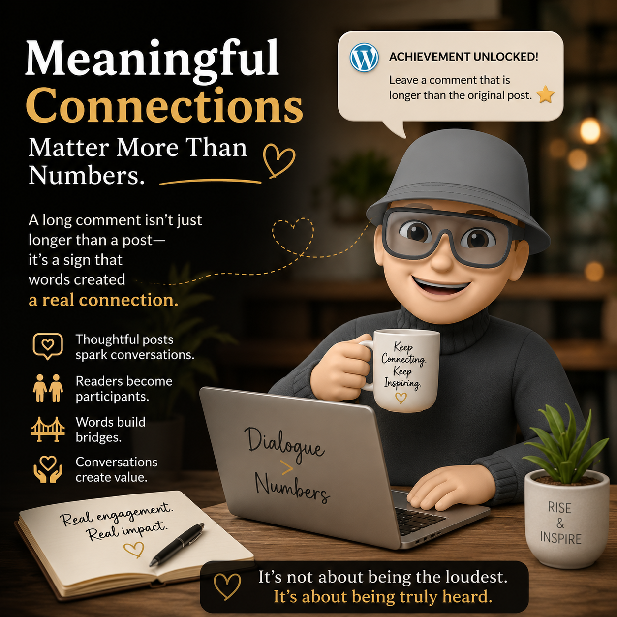 3D blogger avatar highlighting meaningful engagement and authentic conversations in blogging