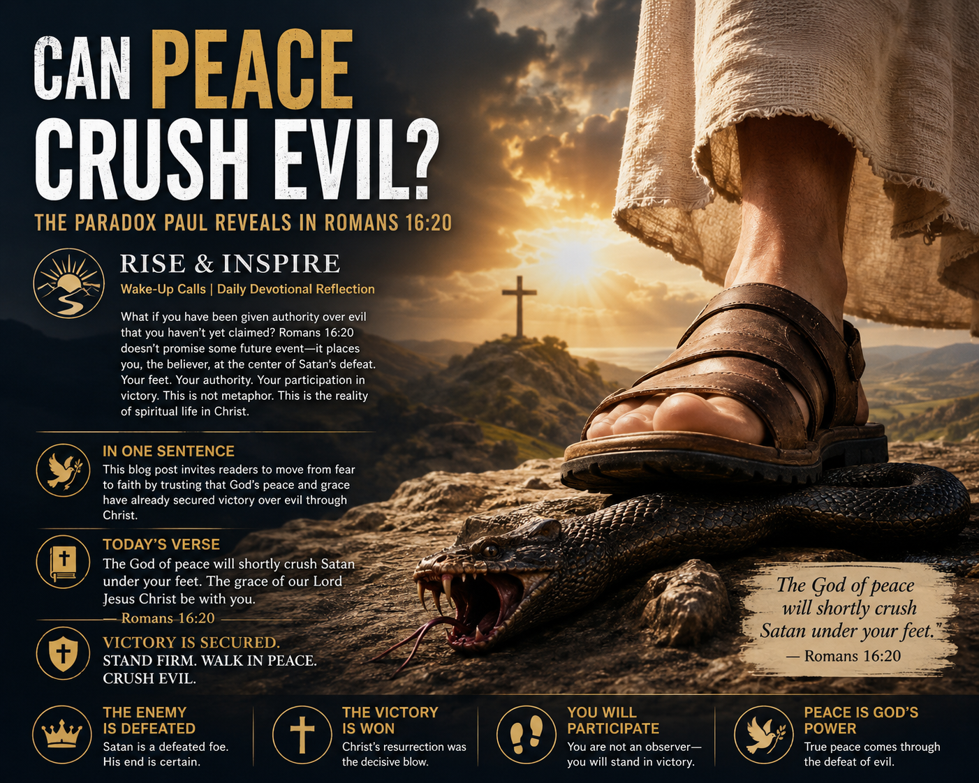 A symbolic foot crushing a serpent at sunrise, illustrating Romans 16:20 and victory through Christ.