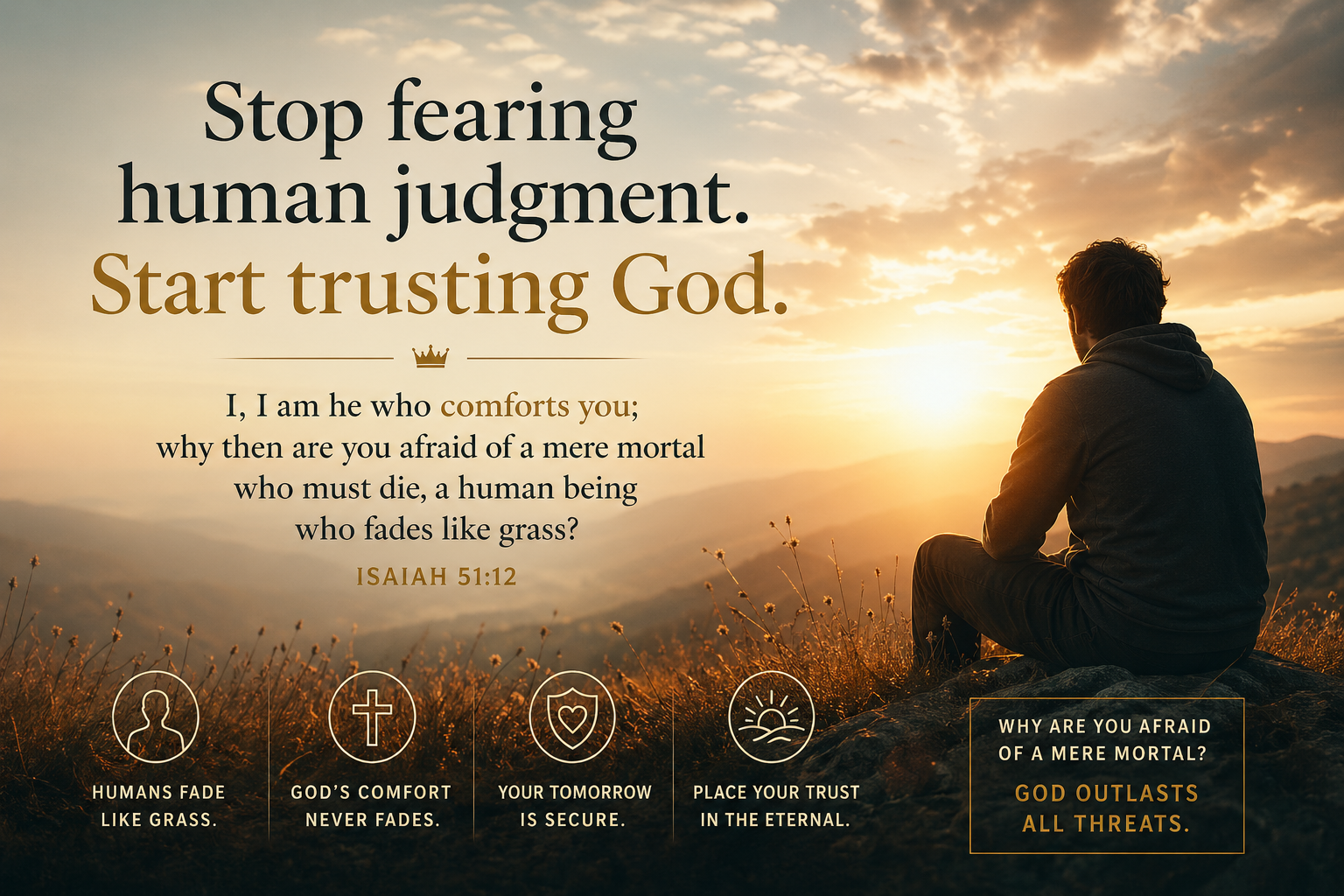Person sitting at sunrise with Isaiah 51:12 text, symbolising trust in God over fear of human judgment.