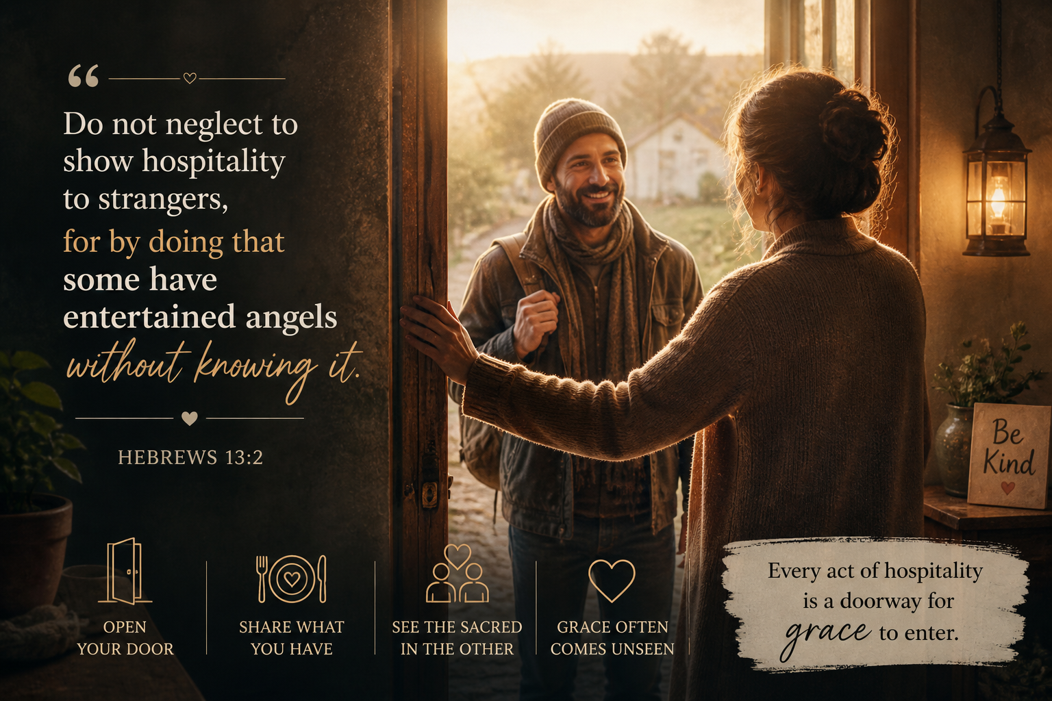 A woman warmly welcomes a traveller at her door, symbolising Hebrews 13:2 and hospitality to strangers