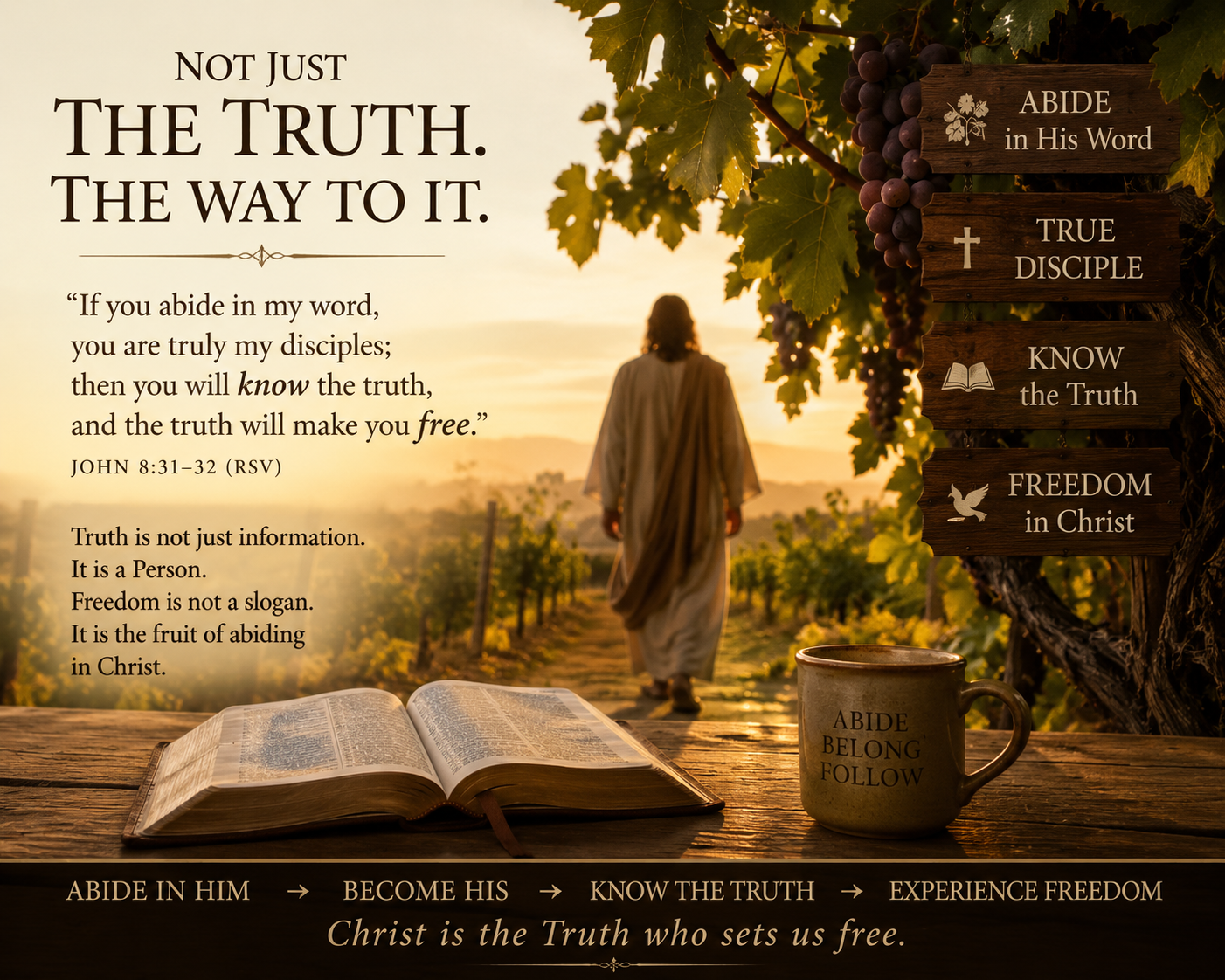 Jesus walks through a vineyard beside an open Bible reflecting John 8:31–32 and freedom in Christ.