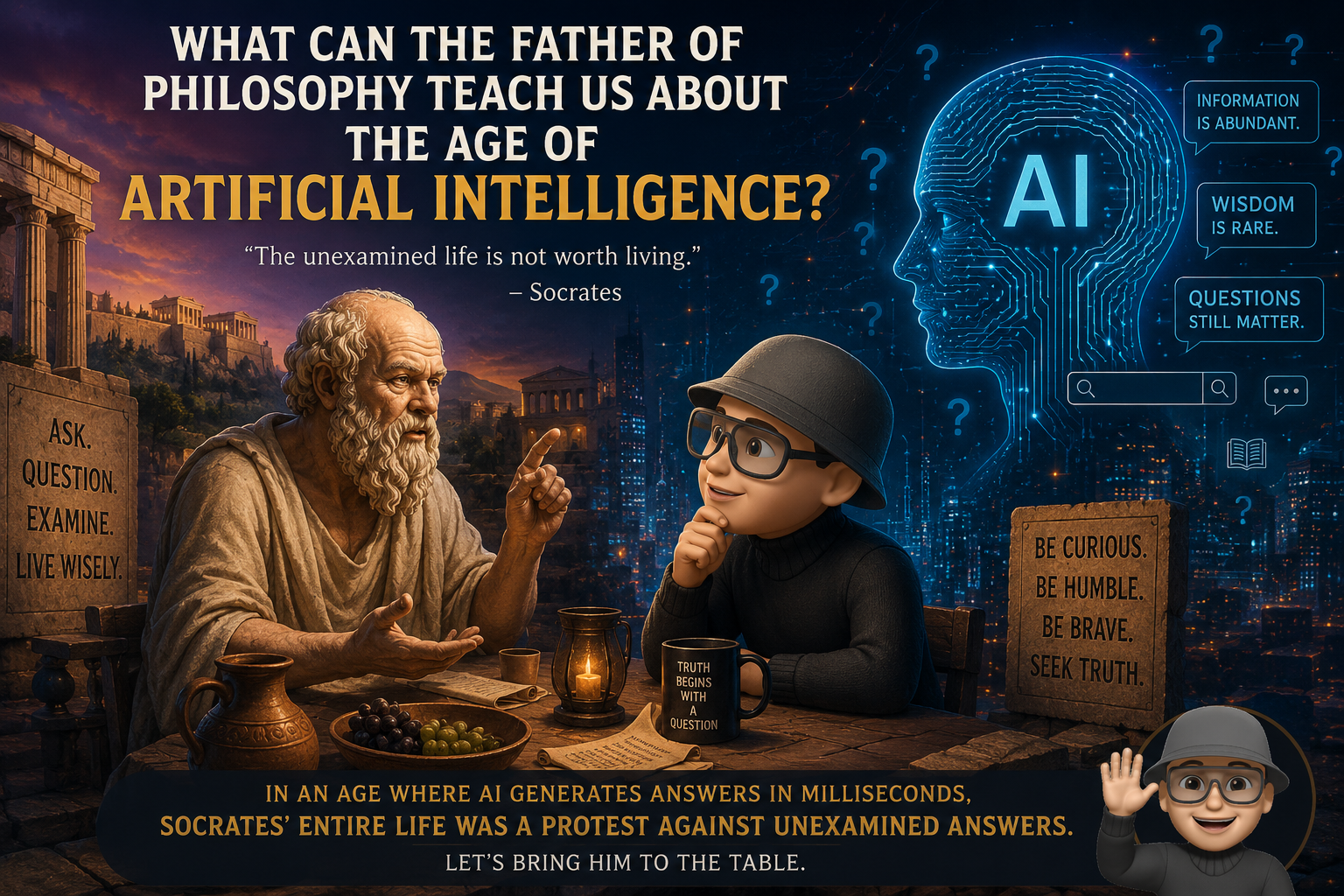 Socrates discussing wisdom beside a futuristic AI figure in a reflective philosophy-themed artwork.