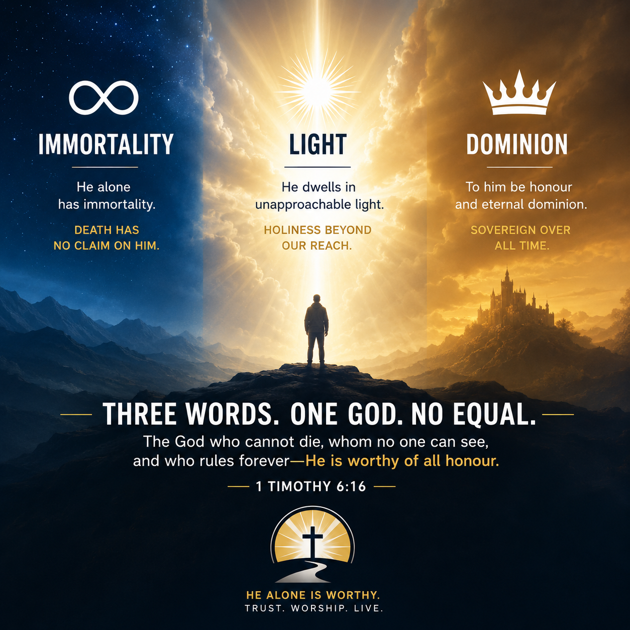 Inspirational Christian artwork showing God’s immortality, unapproachable light, and eternal dominion.