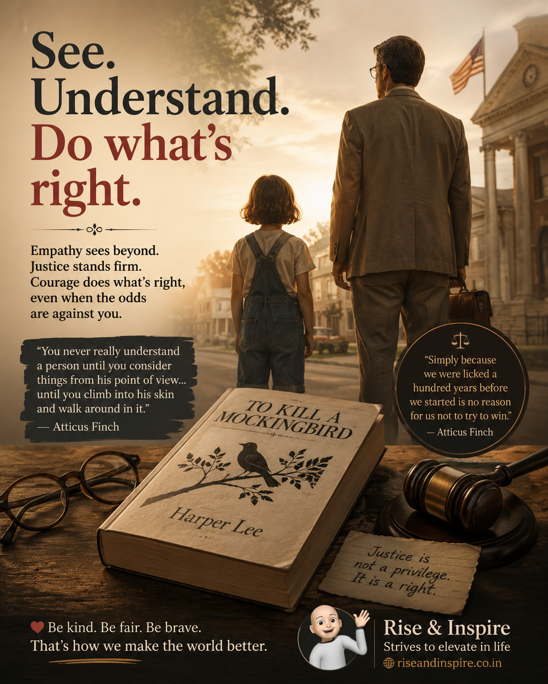 Inspirational poster featuring Atticus Finch themes of justice, empathy, courage, and a classic novel.