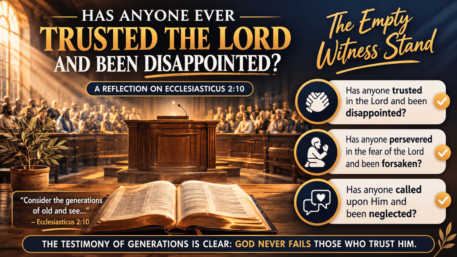 Inspirational church-style graphic with Bible, courtroom, and faith questions from Ecclesiasticus 2:10