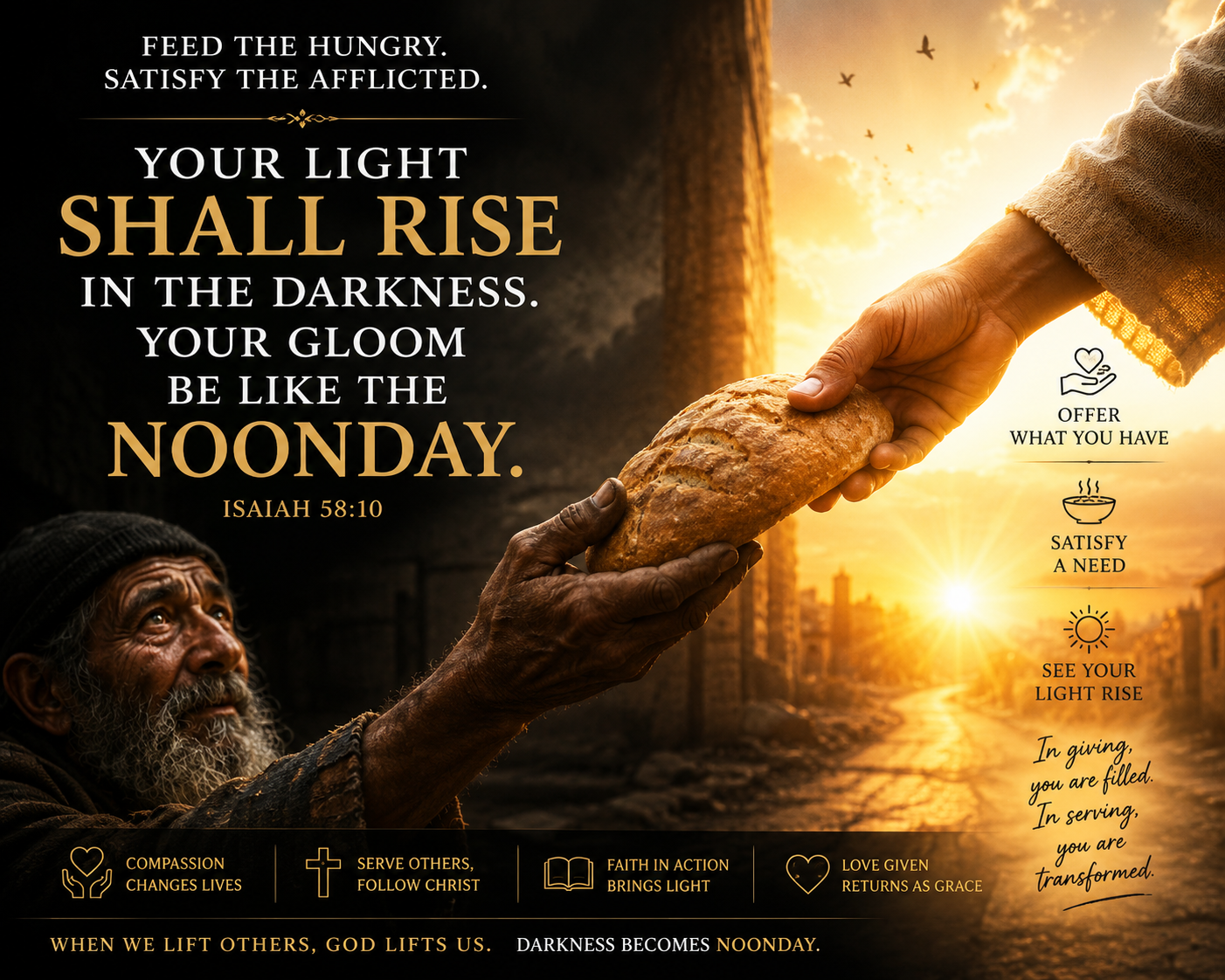 A hand giving bread to a hungry man as darkness turns to radiant light from Isaiah 58:10.