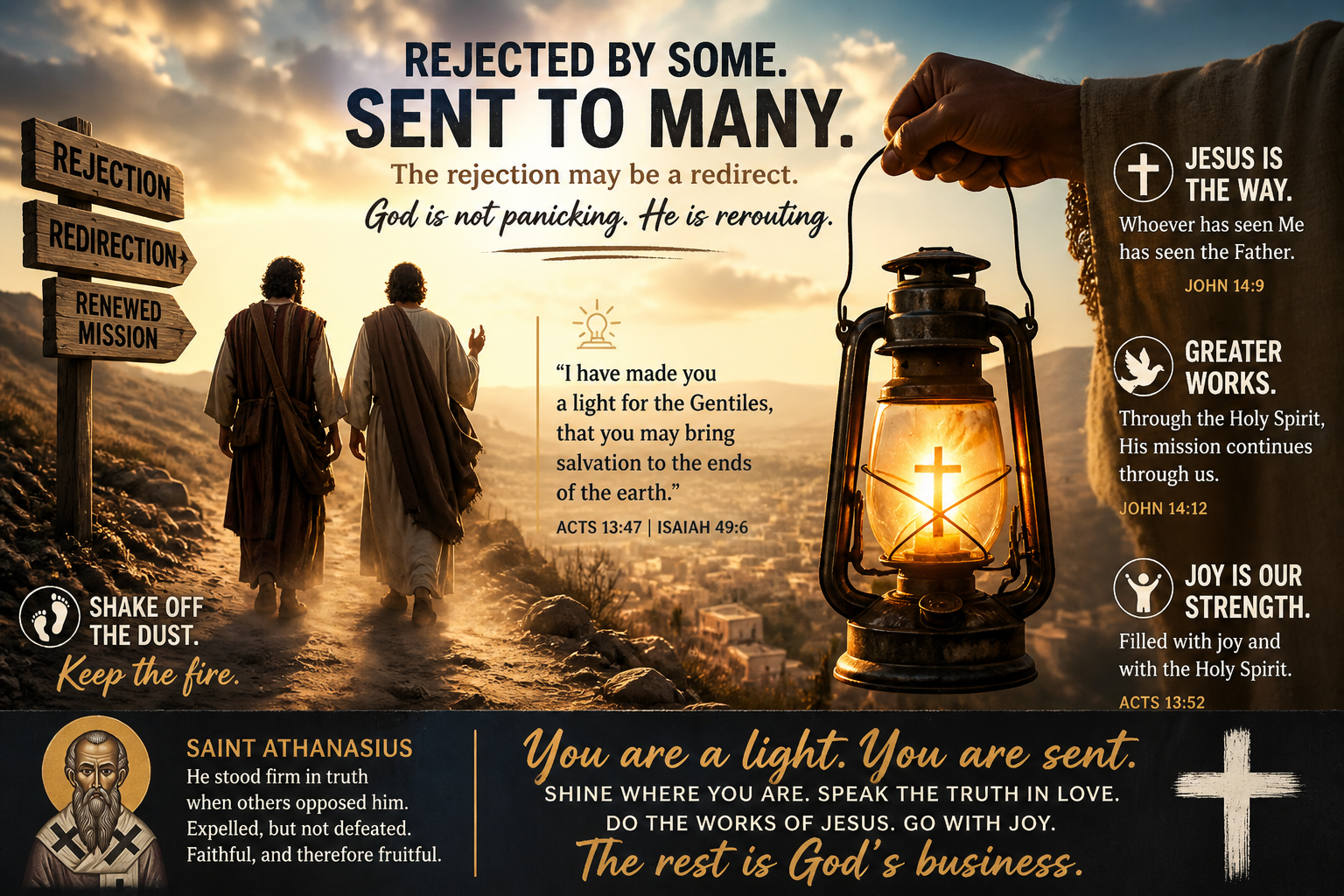 Biblical scene of apostles walking away at sunset with lantern light symbolising mission after rejection.