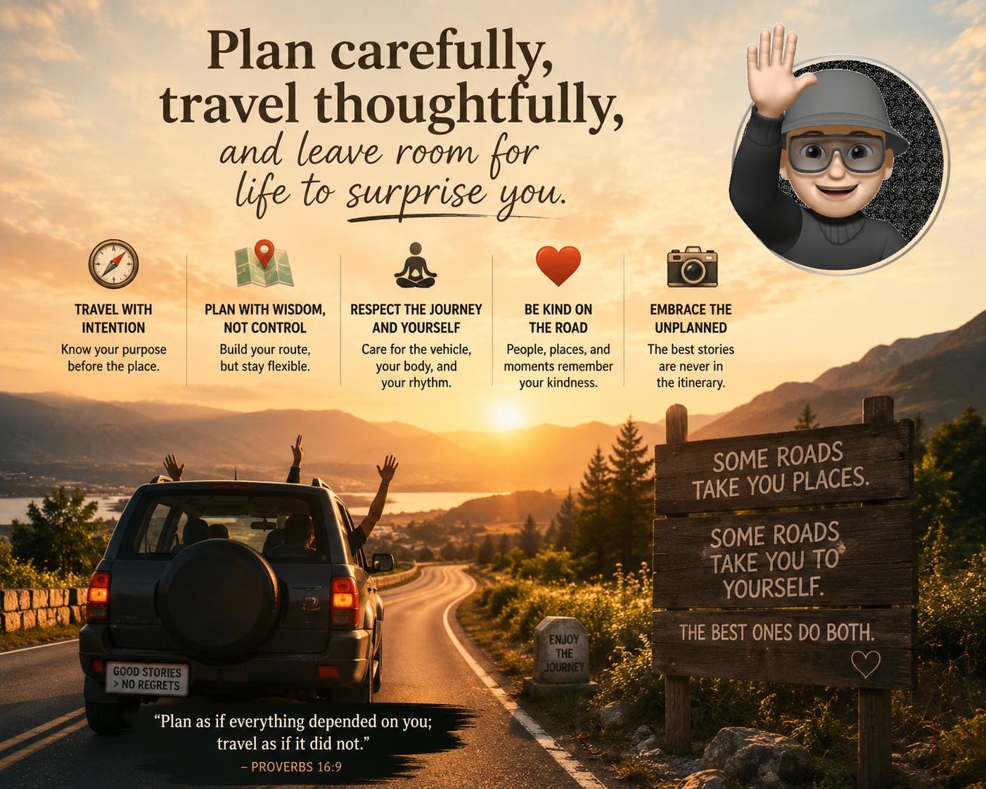 Scenic sunset road trip image promoting intentional travel, kindness, and embracing the unexpected.