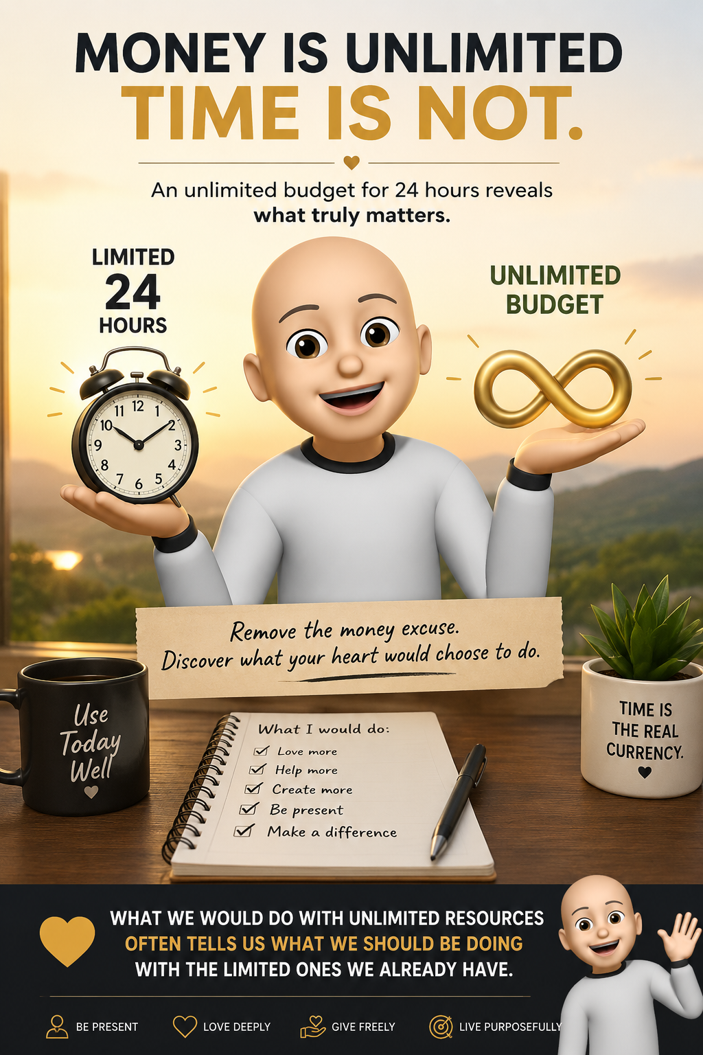 Cartoon figure balancing a clock and infinity symbol, illustrating that time matters more than money.