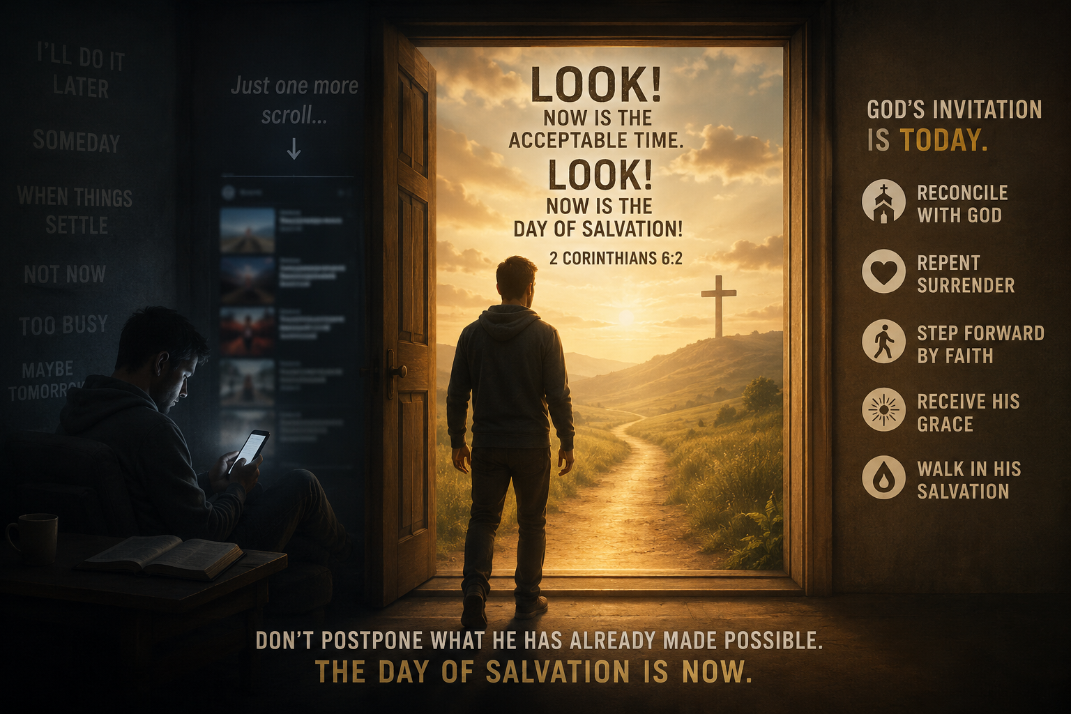 A man leaves a dark room toward a bright doorway with a cross, symbolising urgent salvation in Christ.