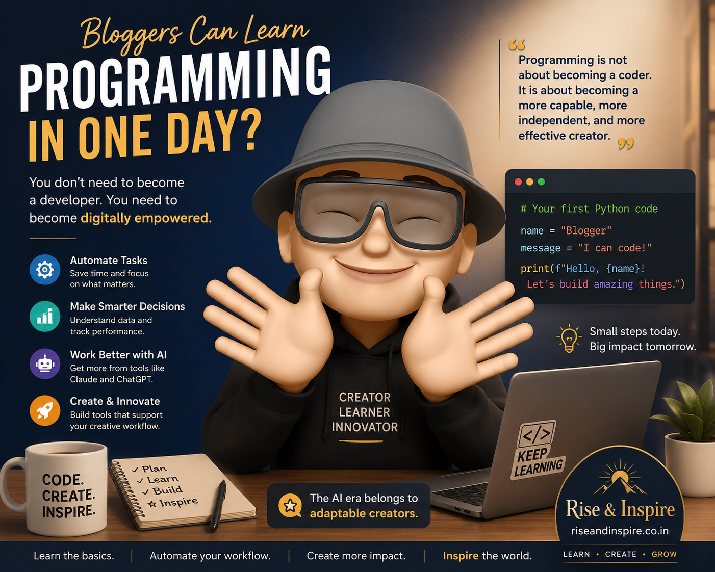 Smiling avatar promoting programming, AI learning, and digital empowerment for bloggers