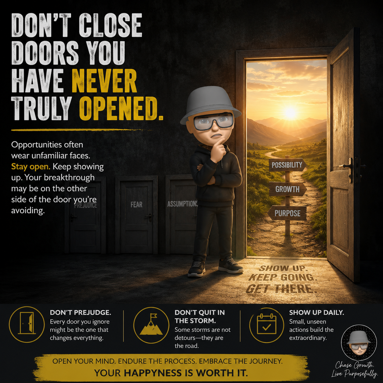 Motivational poster showing an open door to opportunity and growth beside a thoughtful character.