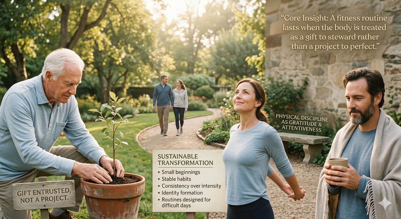 A garden path scene with diverse individuals illustrating body stewardship, consistent habits, and physical discipline.