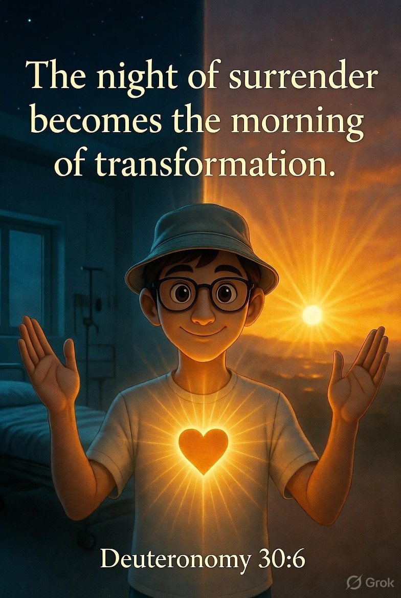 Cartoon character with glowing heart raises hands in surrender as dark hospital night transitions into bright sunrise, symbolizing spiritual transformation. Deuteronomy 30:6.
