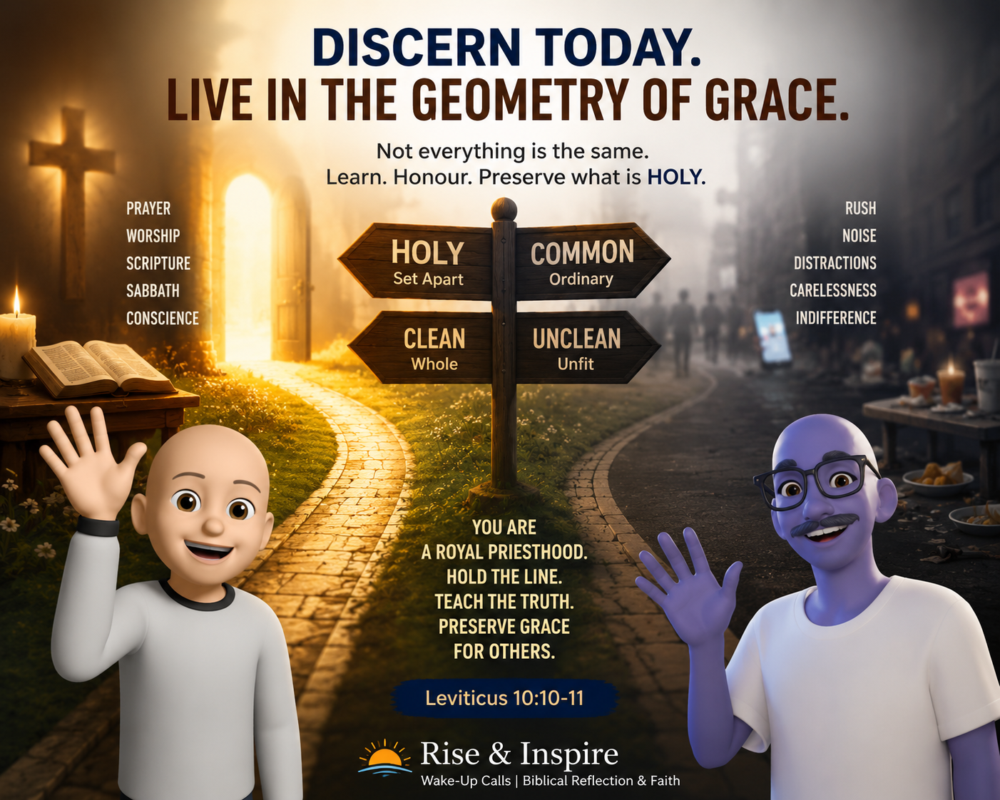 Faith-inspired poster showing paths of holiness and distraction with symbols of discernment and grace.