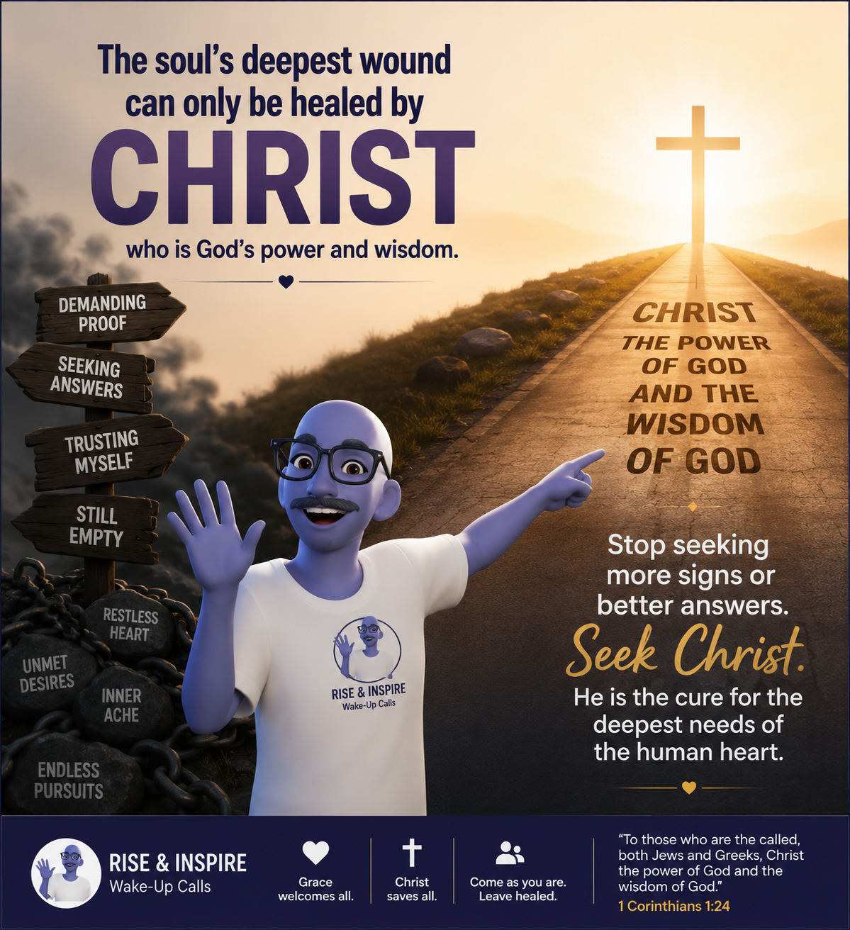 Inspirational Christian poster showing a path to a cross, symbolising Christ as the soul’s true healing.