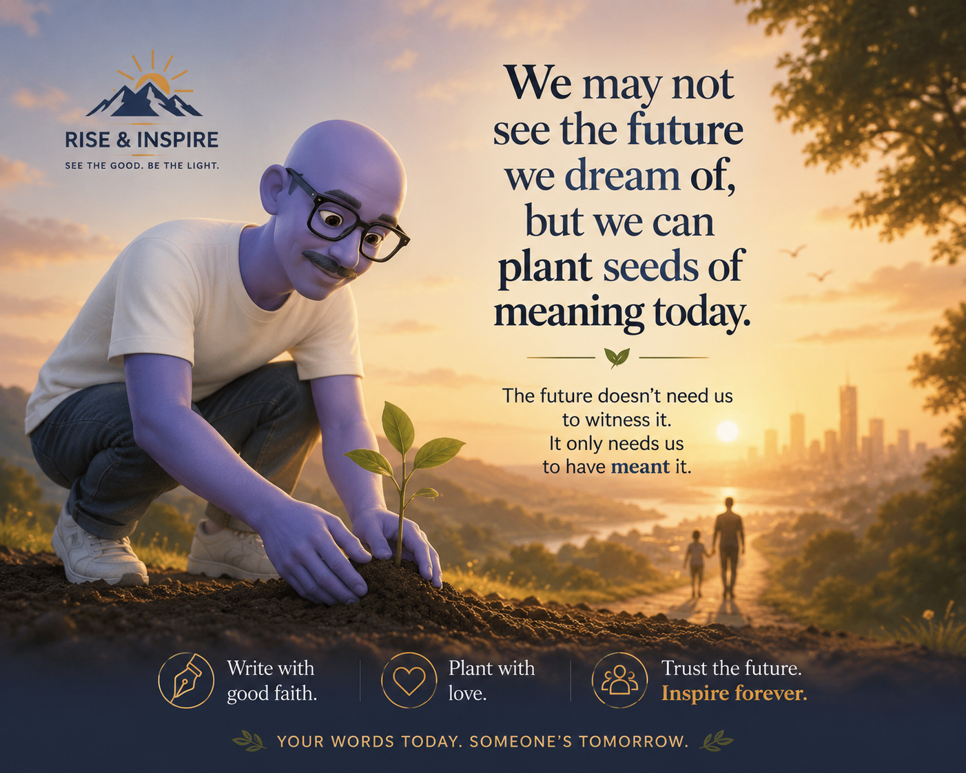 A figure plants a seedling at sunrise, symbolising legacy, hope, and faith in future generations.