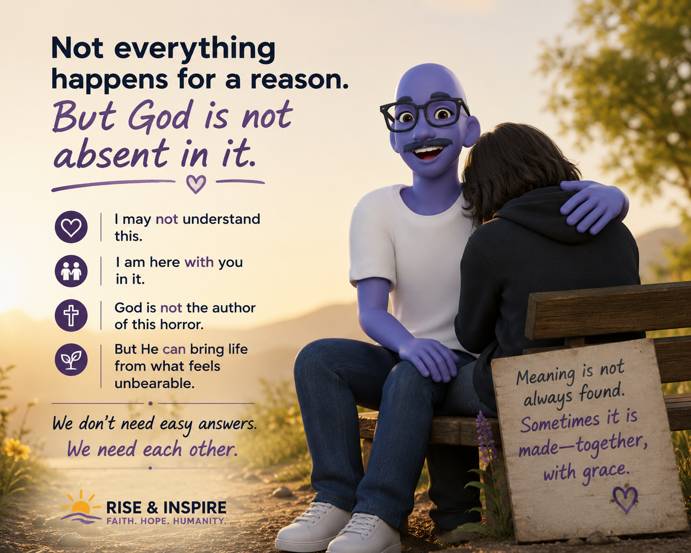 Inspirational image showing comfort in grief, emphasizing God’s presence rather than easy answers to suffering.