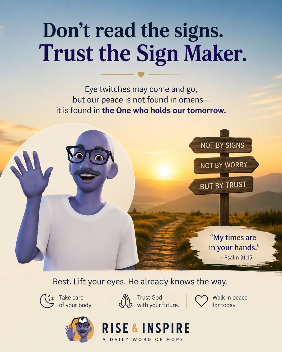 Inspirational poster urging trust in God over omens, with sunrise path, signpost, and Psalm 31:15.