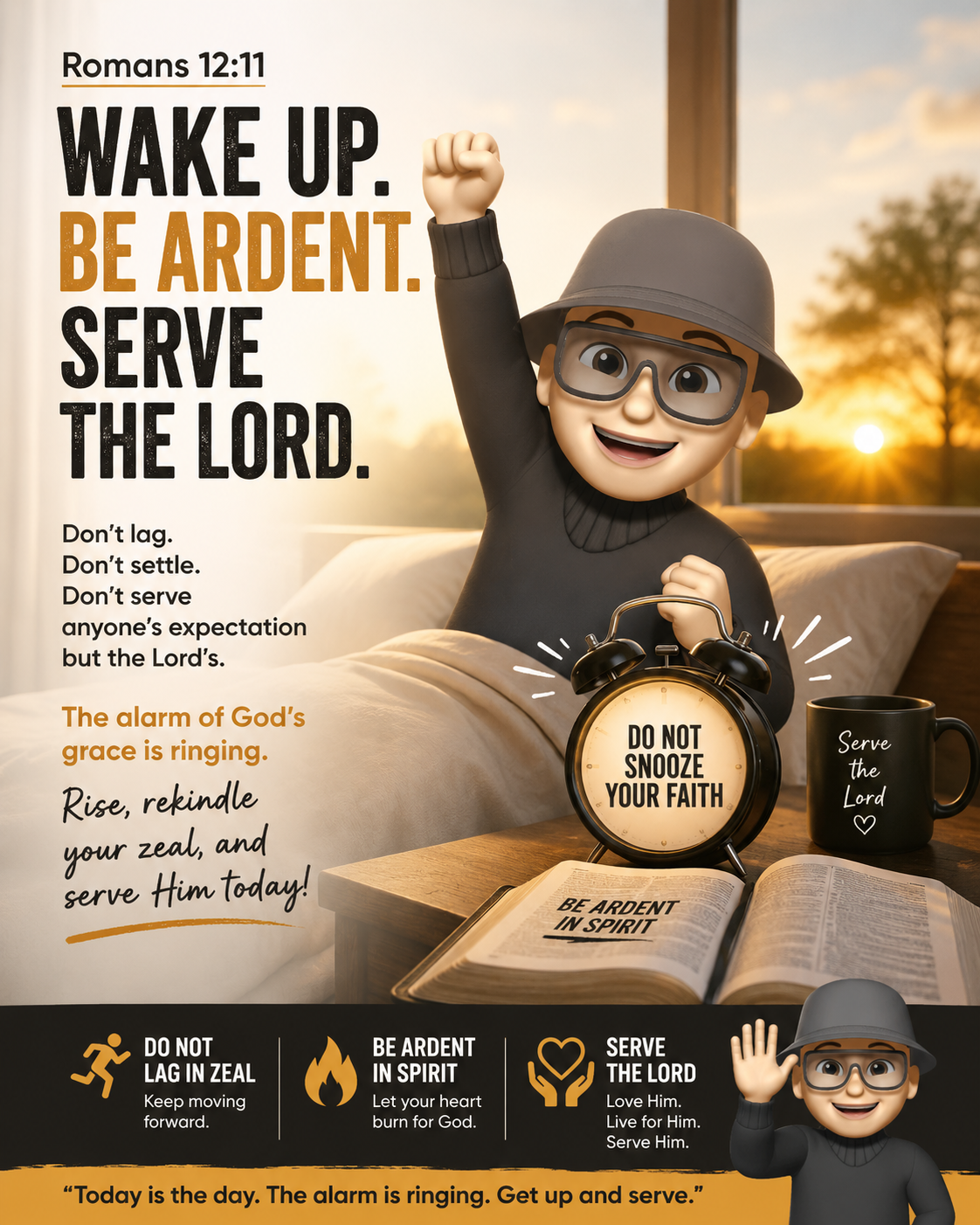 Inspirational Romans 12:11 poster with a waking figure, alarm clock, Bible, and call to serve the Lord.
